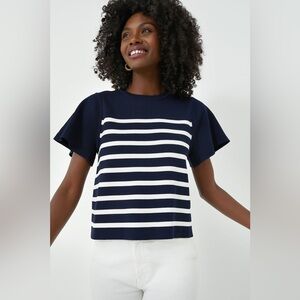 Tuckernuck Navy and White Striped Flutter-Sleeve Knit Top